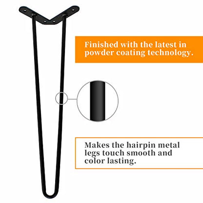 WELLAND 19" Satin Black Hairpin Table Legs, Set of 4 with Screws
