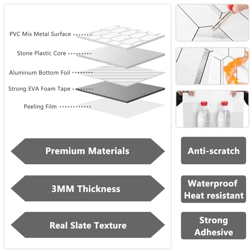 Vamos Tile Long Hexagon Peel and Stick Backsplash Tile - 10 Sheets Stick on Backsplash for Kitchen and Bathroom 12.4 x 12 Inch White Marble Look PVC Mixed Metal Silver Self Adhesive Mosaic Wall Tiles - color: ‎Statuary Marble Look with Silver White Metal
