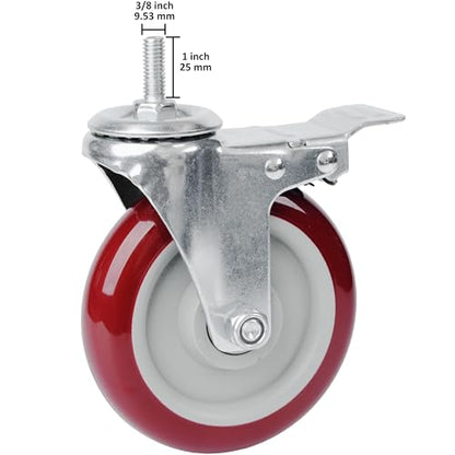 Finnhomy Swivel Caster Wheels 5 Inch Threaded Stem Casters Set of 4 Heavy Duty 3/8"-16 x 1 with Brake Polyurethane Industrial Locking Castors Wheels for Cart/Furniture 2200 Lbs Smooth Casters, Red - style: 5 inch
