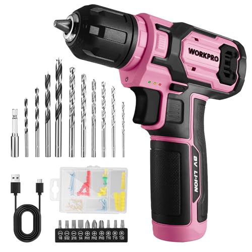WORKPRO 8V Pink Cordless Drill Set for Women with Drill Bit Set, 54PCS - color: Pink, size: 53PCS