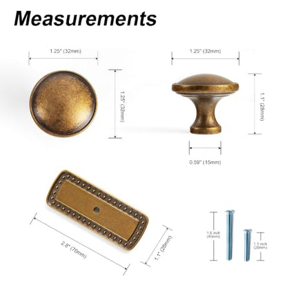 6Pack Antique Brass Cabinet Knob with Backplate Round Drawer Knob - color: Antique Brass, style: Beadedge