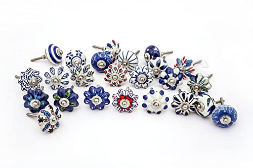JGARTS Set of 25 Hand Painted Ceramic Cabinet Knobs Blue and White Decorative Drawer Pulls for Dresser, Kitchen Cabinets, Wardrobe, Cupboard, Furniture & Home Decor
