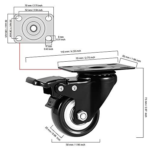 2" Swivel Casters Set of 4, Heavy Duty Locking Casters with Brakes - color: Black, size: 2 inch