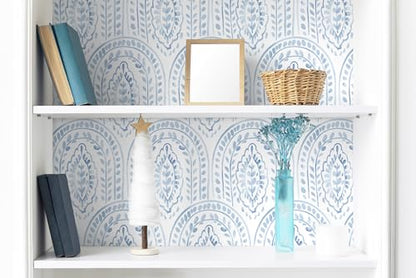 EeeComing Blue Peel and Stick Wallpaper Boho Wall Paper Peel and Stick Modern Contact Paper Self Adhesive Wallpaper for Bedroom and Bathroom Removable Cabinet Shelf Liner Vinyl 17.3”X118.1” - color: Blue, size: 17.3" x 118.1"