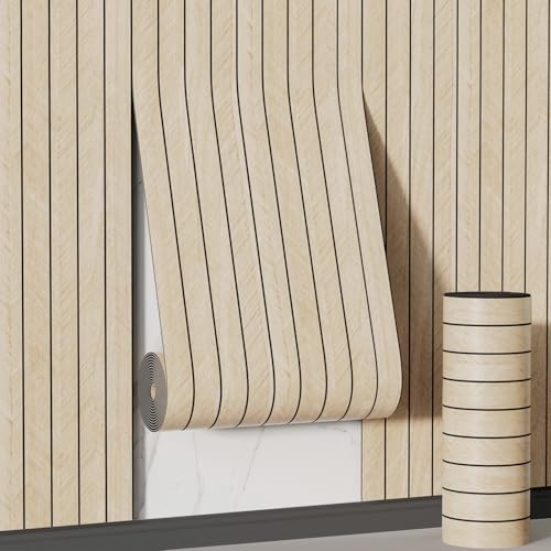 Arthome Peel and Stick Slat Wall Panels 15.7 "x120,Self-Adhesive PVC Wood Grain Wallpaper Panel,3D Thick Faux Soundproof Backsplash Accent Wall Tile for Walls & Furniture (Beige- Coverage 13 Sq.ft) - color: Beige, size: 15.7" x 120"