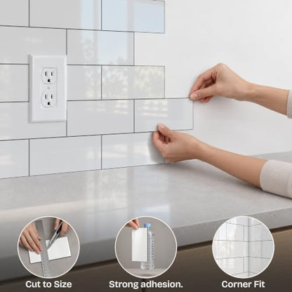 StyloVue 100 Pieces Peel and Stick Backsplash for Kitchen, 3" x 6" PVC Subway Tile, Glossy White with Dark Gray Grout, Self Adhesive Stick on Wall Tiles for Kitchen, Bathroom, Fireplace, RV - color: Glossy White