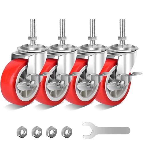 3 Inch Heavy Duty Stem Casters Swivel Wheels with Brake - 3/8" -16 x 1-1/2" (Stem Diameter 3/8", Stem Length 1-1/2"),Set of 4 with Locking Threaded Stem Caster Wheels - Load 600lbs - color: Bright red
