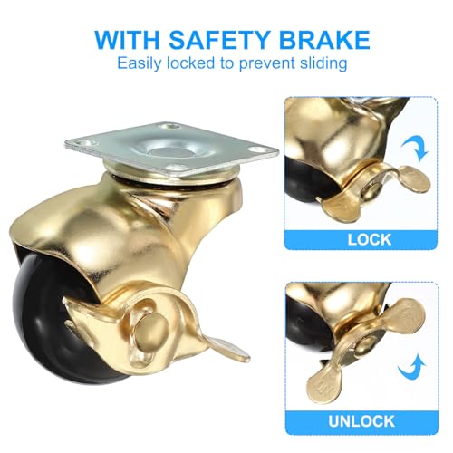PATIKIL 1.5 Inch Ball Caster Wheels with Brake, 4 Pack 360° Rotating Swivel Top Plate Wheels 298 lbs Total Capacity Locking Caster with M4 Screws for Furniture Table Cabinet Gold - color: Gold, size: 1.5 Inch