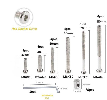 49 PCS M6-1.0x20/40/50/60/70/80 mm Hex Socket Head Cap Screw Barrel Nuts Assortment Kit with Wrenches for Crib Bunk Bed Furniture Cot, Bunk Bed Replacement Hardware - size: Silver-49pcs