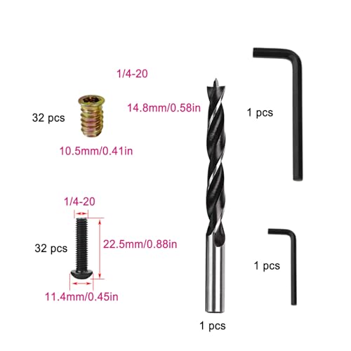1/4"-20 Screw-in Wood Inserts, 32 Sets Internal Hex Furniture Fastener Kit - size: 1/4"-20 x 3/4"