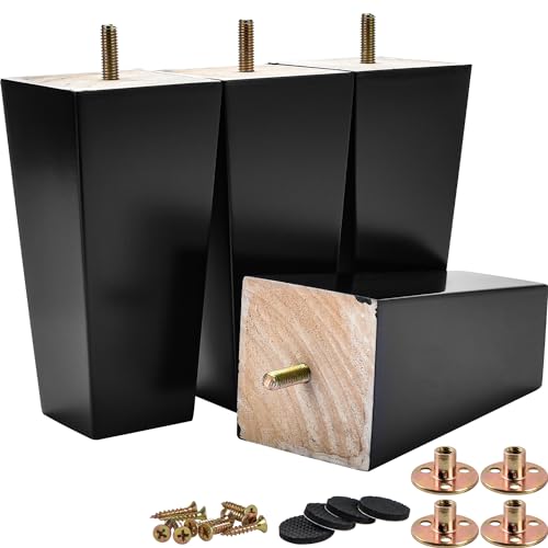 4 Inch / 10 cm Wooden Furniture Legs, Set of 4 Solid Wood Mid-Century Modern Pyramid Replacement Feets with 5/16 inch Bolt & Rubber Floor Protectors for DIY Ottoman Black - color: Black, size: 4"/10cm