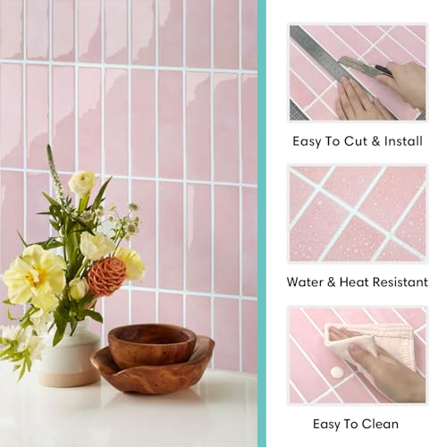 Commomy Pink Peel and Stick Tile - 10 Pcs of 12" x 12" - color: Pink & Glossy Surface
