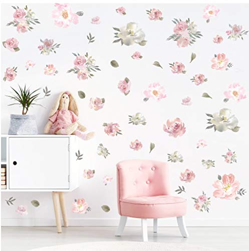 TOARTi Watercolor Pink Flowers Vinyl Wall Decal, Blooming Peony Floral Wall Sticker for Girls Bedroom Wedding Party Decoration (56pcs Colorful Flowers Wall Stickers)
