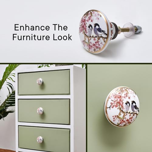IndianShelf 6 Piece Pink Bird Ceramic Cabinet Knobs Round Gold Drawer Pulls - color: Pink and Golden, size: 6 Knobs
