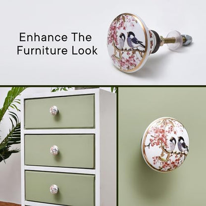 IndianShelf 6 Piece Pink Bird Ceramic Cabinet Knobs Round Gold Drawer Pulls - color: Pink and Golden, size: 6 Knobs