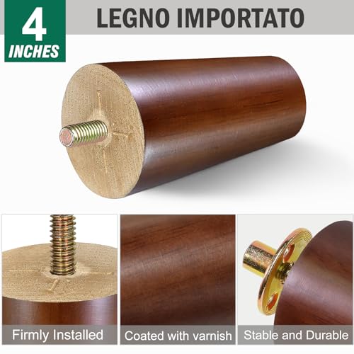 FoDau770 Rubber Wood Legs 4", Straight Taper, 5/16"-18 Thread, Brown, 4pcs - color: Brown, size: 4 Inch - Straight (90°)