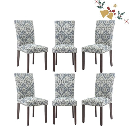 Parsons Dining Chairs Set of 6, Upholstered Nailhead Dining Room Kitchen Side Chair with Thick Cushions and Wood Legs, White/Blue - color: White/Blue, size: set of 6