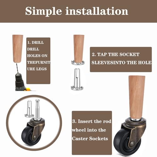 4-Piece Set of Antique Brass Rollers with Rubber Wheels Suitable for Tables, Sofas, wardrobes, Dressing Tables, cabinets, Chairs, 1-5/8-inch Pole Roller Replacement, Suitable for Hardwood Flooring