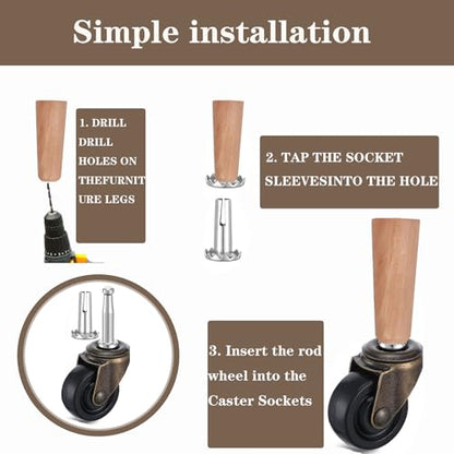 4-Piece Set of Antique Brass Rollers with Rubber Wheels Suitable for Tables, Sofas, wardrobes, Dressing Tables, cabinets, Chairs, 1-5/8-inch Pole Roller Replacement, Suitable for Hardwood Flooring
