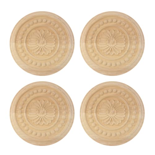 Antrader 4Pcs Round Unpainted Wood Carved Appliques,5.9" Diameter(Style 15) - style: Style 15