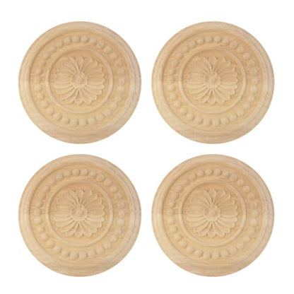 Antrader 4Pcs Round Unpainted Wood Carved Appliques,5.9" Diameter(Style 15) - style: Style 15