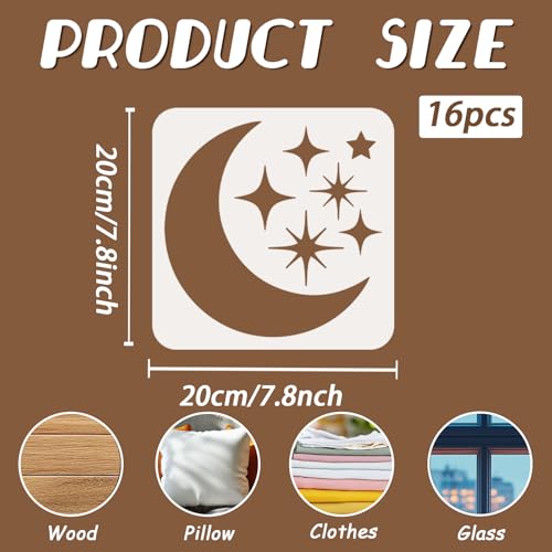 16Pcs Star Moon Stencil for Painting Reusable PET Painting Stencils Set Sun Drawing Templates for Wood Furniture Canvas Paper Fabric - color: Star Sun and Moon