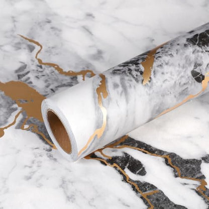 VEELIKE Extra Wide Black and White Marble Contact Paper with Gold Veins 32''x118'' Peel and Stick Countertops Waterproof Self Adhesive Vinyl Countertop Wrap Thick Marble Wallpaper for Kitchen Bathroom - size: 32" x 118"