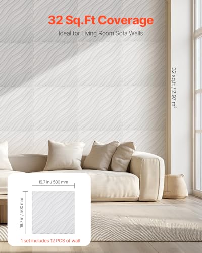 VEVOR 3D Wall Panels, 12-Pack 19.7 x 19.7 in PVC Modern Art Minimalist Wave Tiles, 32 Sq.Ft Coverage Accent Wall Panel, Interior Home Decor for Bedroom, Living & Gaming Room, Matte White