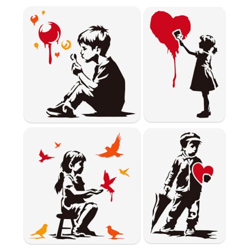 4Pcs Banksy Graffiti Stencils for Painting, Reusable Banksy Girl Boy Stencil Drawing Templates, Graffiti DIY Craft Paint Templates for Wall Home Decor Wood Burning Canvas Fabric - style: Banksy