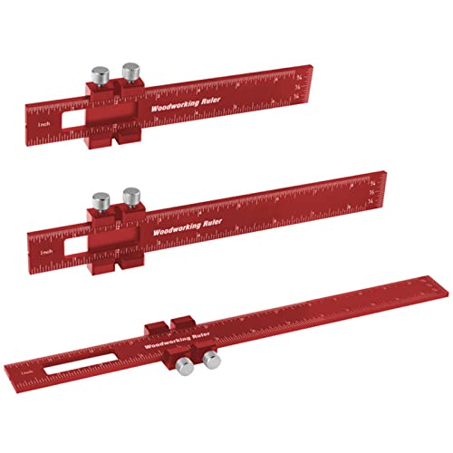 Violetfox Woodworking Ruler, 3Pcs Precision Pocket Metal Slide Rule Inch and Metric T-Type Scribing and Square Ruler for Marking and Measuring (6/8/12 Inch) - color: Red