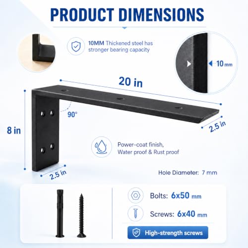 WINKER Countertop Support Bracket 4 Pack Heavy Duty 3/8" Thick Hidden L Shelf Bracket 20" x 8" x 2.5" Metal Corbels for Quartz/Granite/Wood/Concrete/Laminate Countertops, Black (7 Hole) - size: 20″x8″x2.5″-7 hole-3/8" thick, style: Black-4Pack