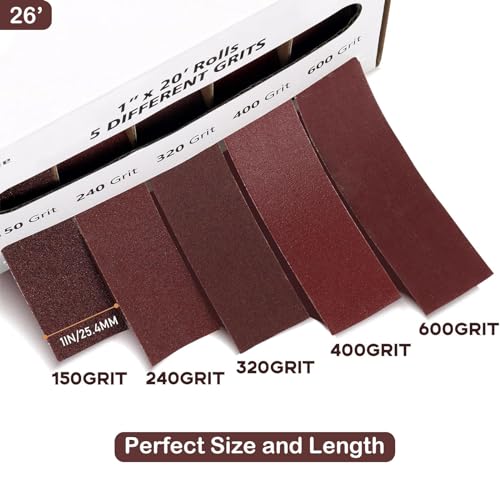 Emery Cloth Roll, 5 Grits 1'' x 26' Sand Paper Roll with Dispenser, 150 240 320 400 600 Grit Sandpaper Assortment, Wet Sanding Paper for Metal Automotive Furniture Wood - style: 5rolls 8m