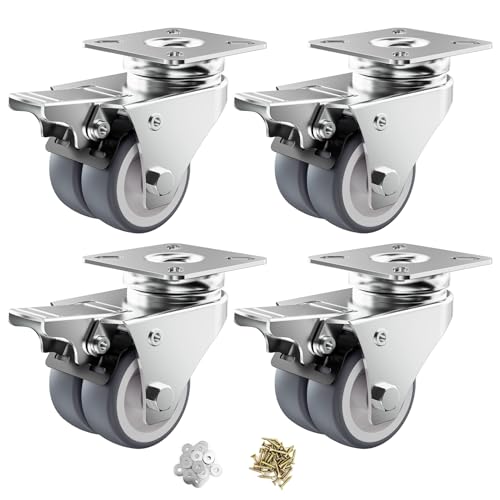2" Double Wheel Casters with Brake (4 Pack) - color: Grey