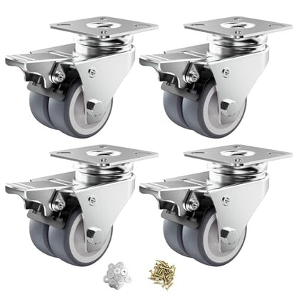 2" Double Wheel Casters with Brake (4 Pack) - color: Grey