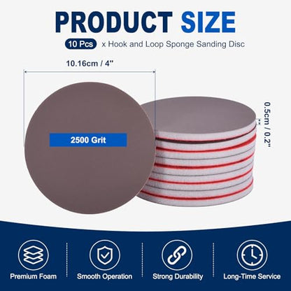 10Pcs 4 Inch Hook and Loop Sponge Sanding Disc, 2500 Grit - size: 4 Inch 2500 Grit