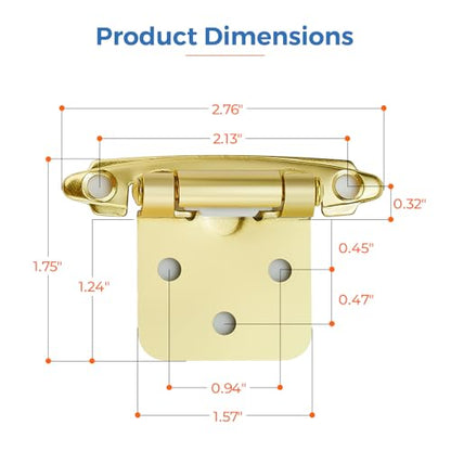 Gold Self-Close Cabinet Hinges, 1/2 Inch Overlay,20 Pack 10 Pairs - size: Semi Concealed 1/2 inch Overlay