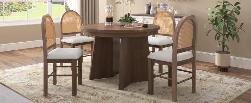 5-Piece Extendable Dining Table Set with 4 Rattan Back Chairs, Walnut - color: Beige,walnut
