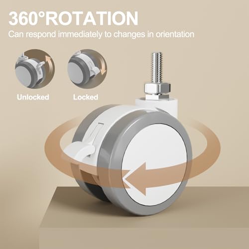 JOY Worker M8 Threaded Stem Casters 2.5" Lockable Wheels Set of 4, White - color: White