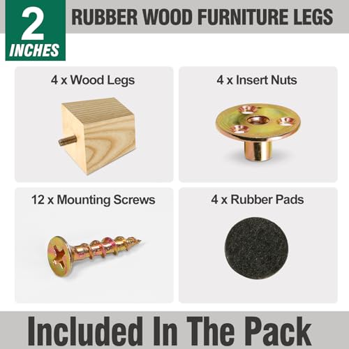 FoDau770 Square Furniture Legs 2 Inch, Ash Wood Legs with 5/16"-18 Bolts - size: 2 Inch