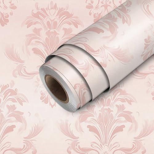 HOMETITUTE Pink Damask Peel and Stick Wallpaper 118.1x17.7 Inch Vinyl - color: Pink Classic Damask