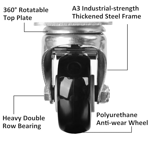 Finnhomy 3 Inch Caster Wheels Set of 4 with Brake Heavy Duty Plate Swivel Casters Premium Polyurethane Wheels Bearing 2,200 Lbs Lockable Anti-wear Smooth Casters for Workbench Black (Free Screws) - style: 3" (with Brake)