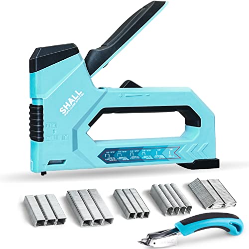 SHALL 6-in-1 Staple Gun Heavy Duty - Upholstery Stapler Nail Gun with 4000 Counts Staples, Manual Brad Nailer with Staple Remover for Wood, Crafts, Fabric, Cable, Wall, Decoration, Furniture - color: Blue, size: 6-in-1