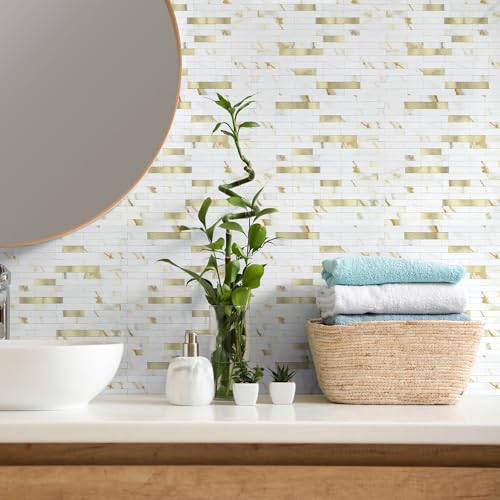 5 - Sheet Peel and Stick Backsplash Wall Tile, PVC Kitchen Backsplash, Stick on Tiles for Backsplash Kitchen (12'' X 12'', White with Gold) - color: White With Gold