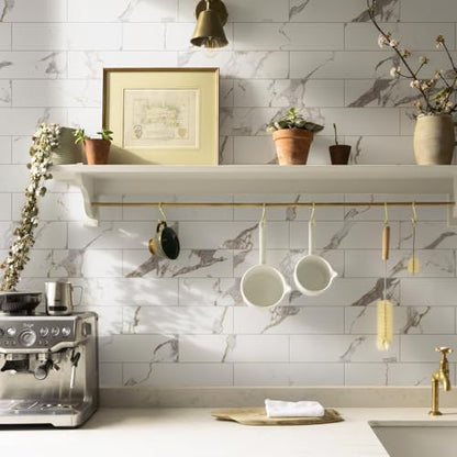 Vamos Tile Peel & Stick Backsplash on Subway Tile,40-Pack 3''x12'',Glossy - color: White Marble with White Grout
