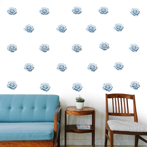 Watercolor Roses Wall Decals, 24 Large Easy Peel & Stick Roses Stickers, Premium Removable and Repositionable Floral Wall Art Fabric Stickers (Light Blue) - color: Light Blue