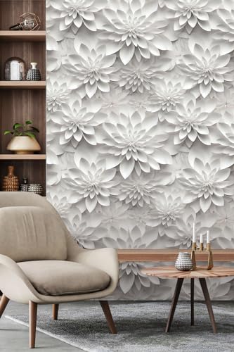 White Gray Lotus Floral Peel and Stick Wallpaper Visual 3D Effect - color: White& Gray, size: 17.7" x 118"