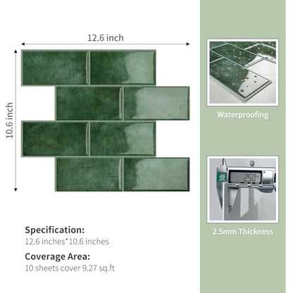 10-Sheet Thick Peel and Stick Kitchen Backsplash Tiles - color: Light Green
