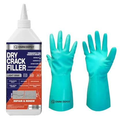 Dry Crack Filler - 2 Lbs - Light Gray - Concrete Patio Repair - Basement Floor Crack Sealer - Garage Floor Patch - Concrete Repair for Driveways and More - Available with Omni Depot Gloves