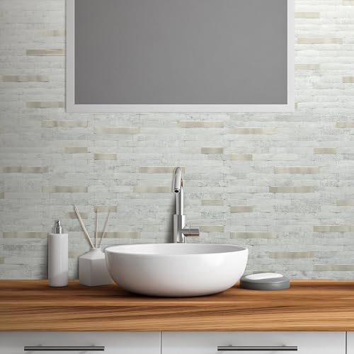 AULIGET 2 Sheets Faux Stone Peel and Stick Backsplash, Beige Stone Look PVC Wall Tile Stick on Backsplash for Kitchen and Bathroom - color: Beige Stone + Metal Gold, size: 2 Sheets, 6"x12"x0.12"