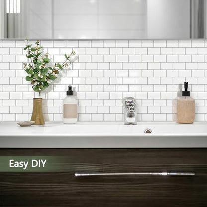 10-Sheet Thick Peel and Stick Kitchen Backsplash Tiles - color: White Gray Grout